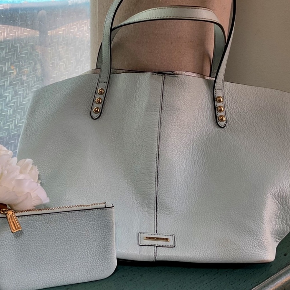 Rebecca Minkoff Light  Blue Pebbled Leather Gold Studded Tote + Pouch “Like New”